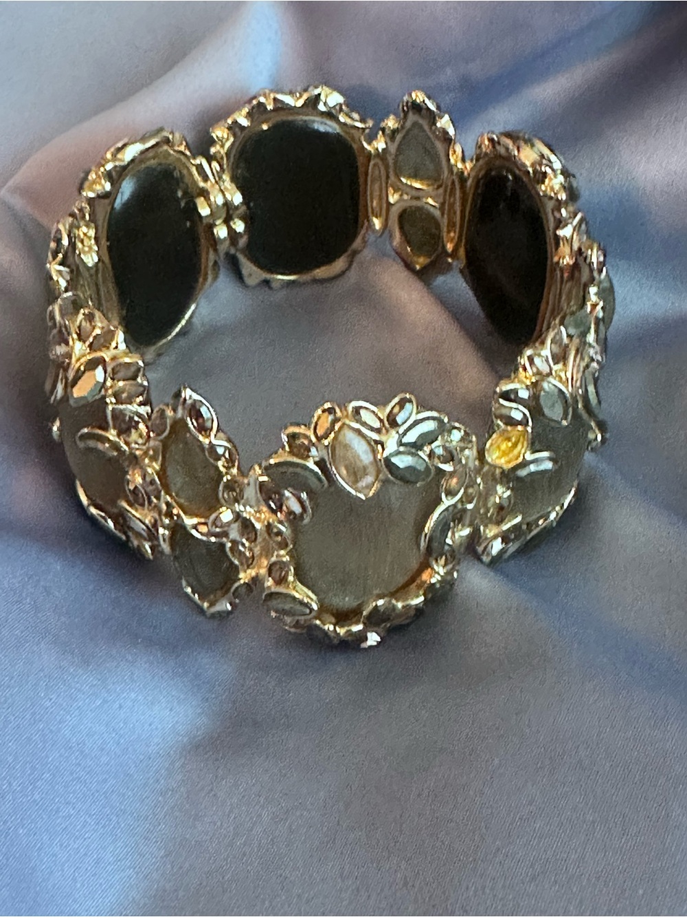 Alexis Bittar Hand Carved  Lucite Crystal Station Hinged Cuff Bracelet Gold Tone